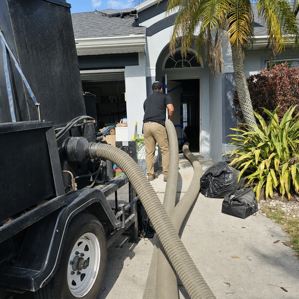 Technician using professional vacuum equipment for residential air duct cleaning service.