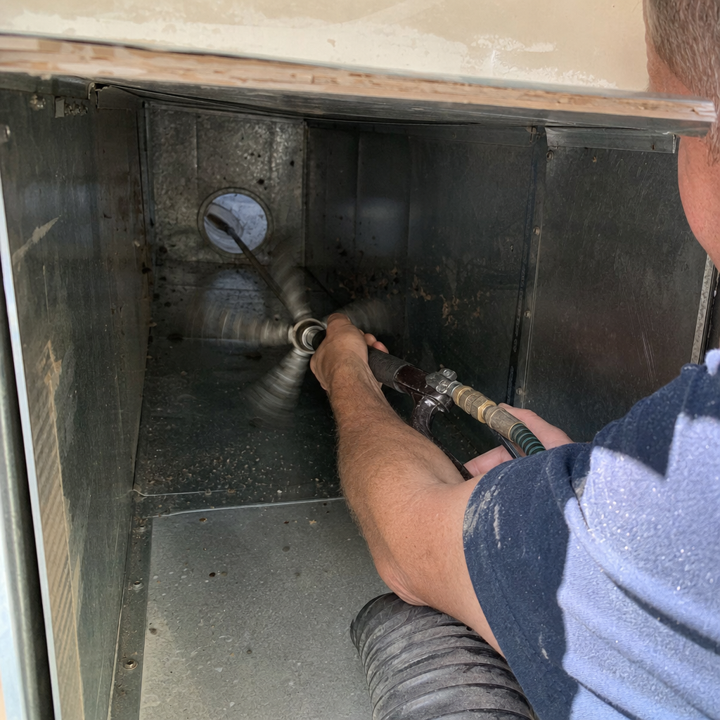 Technician using a rotating brush tool for professional air duct cleaning