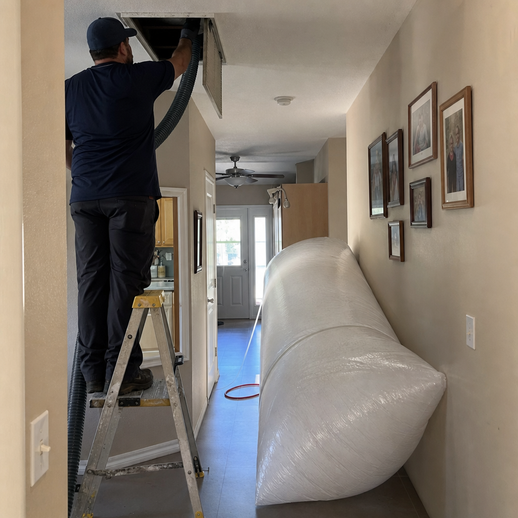 Technician performing professional residential air duct cleaning service in a hallway