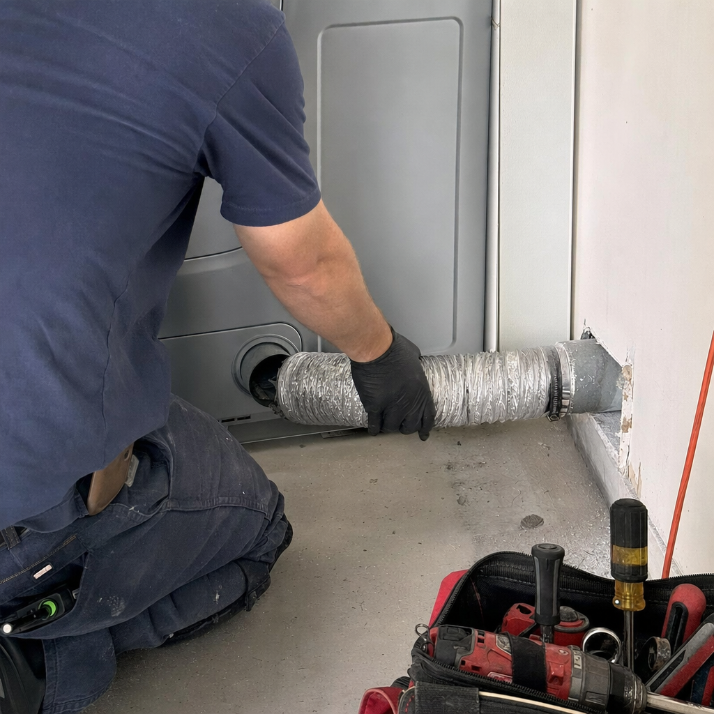 Technician connecting a flexible dryer vent duct for professional cleaning service
