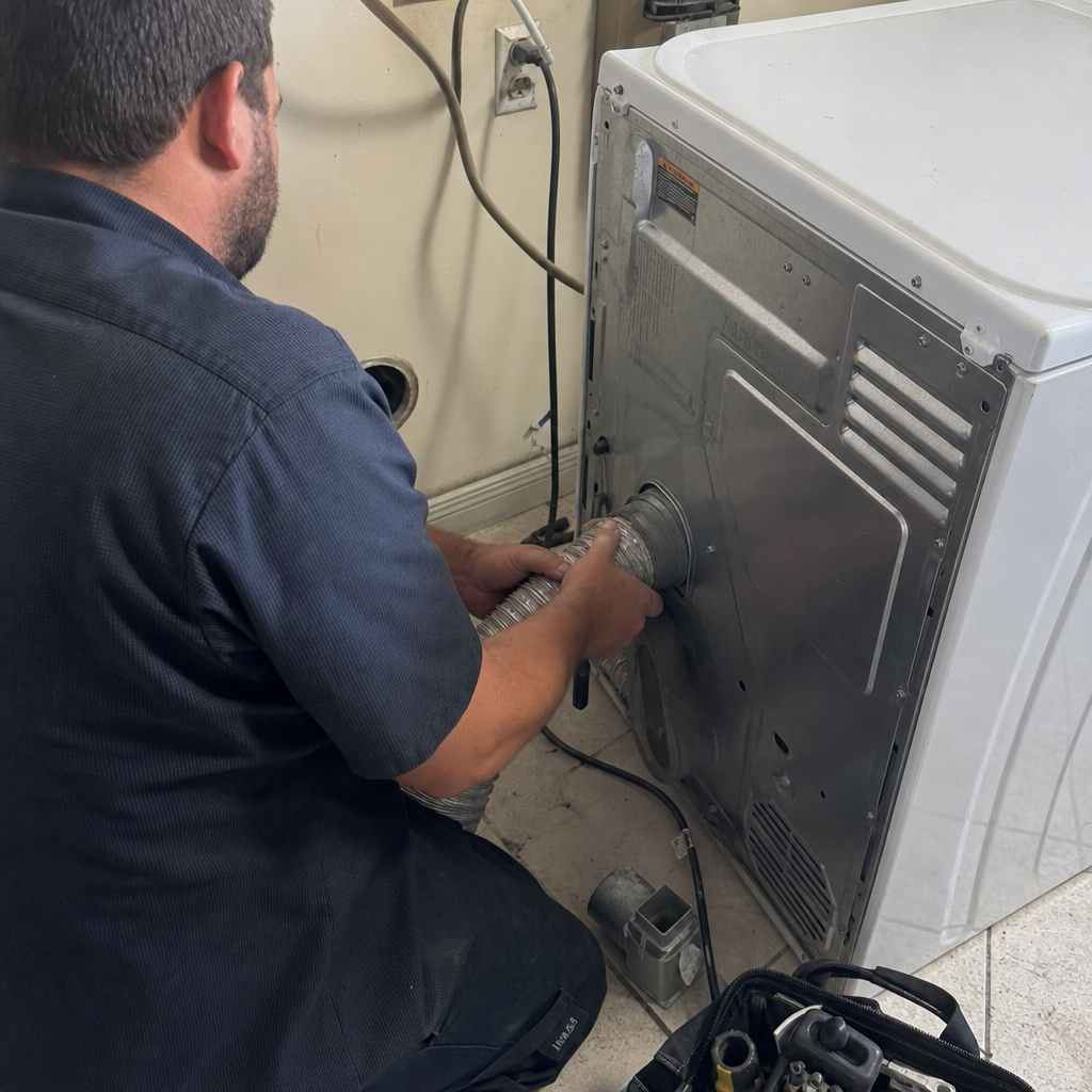 Technician connecting a flexible hose to a dryer vent for cleaning