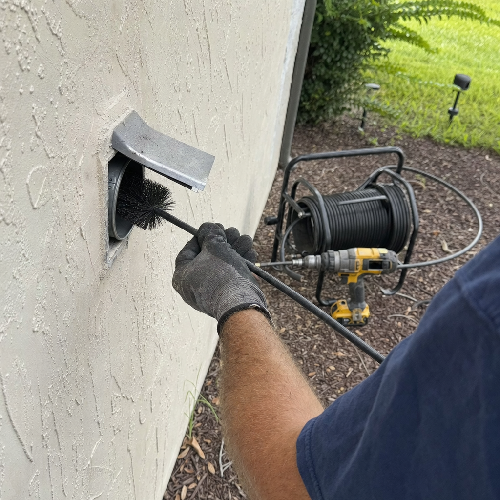 Technician performing professional residential dryer vent cleaning with rotating brush tool.