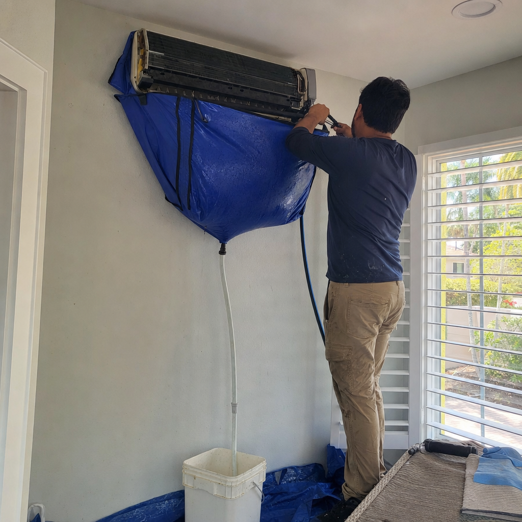 Technician performing professional indoor wall-mounted HVAC system cleaning service