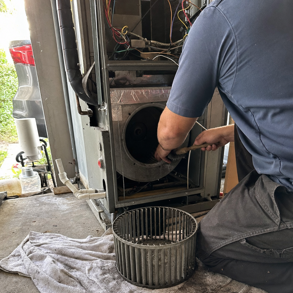 HVAC technician cleaning blower wheel of air conditioning unit