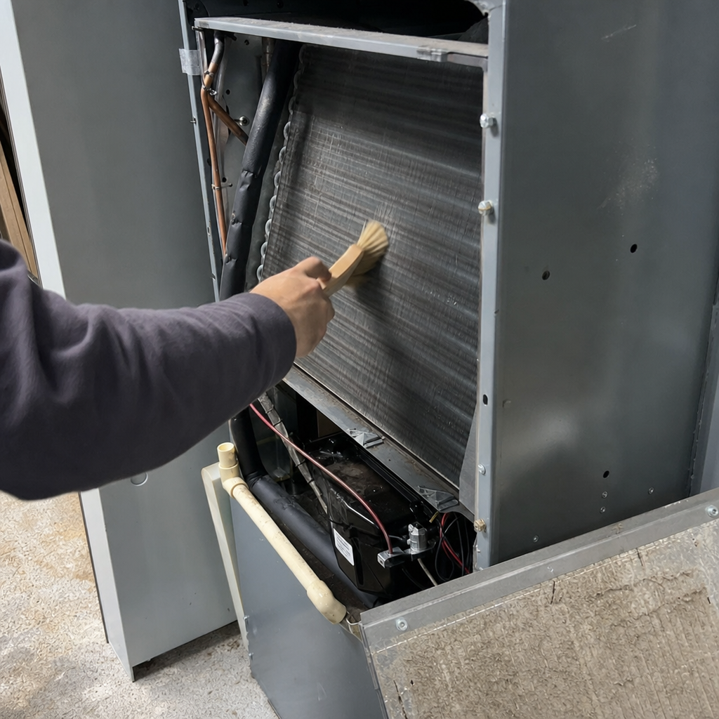 Technician performing professional HVAC coil cleaning and maintenance