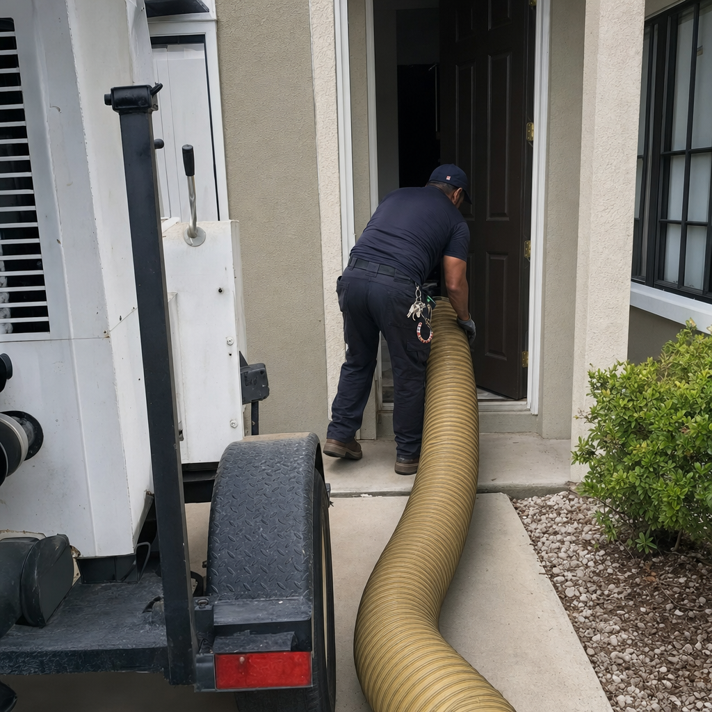 Professional technician performing residential air duct cleaning service with industrial vacuum hose