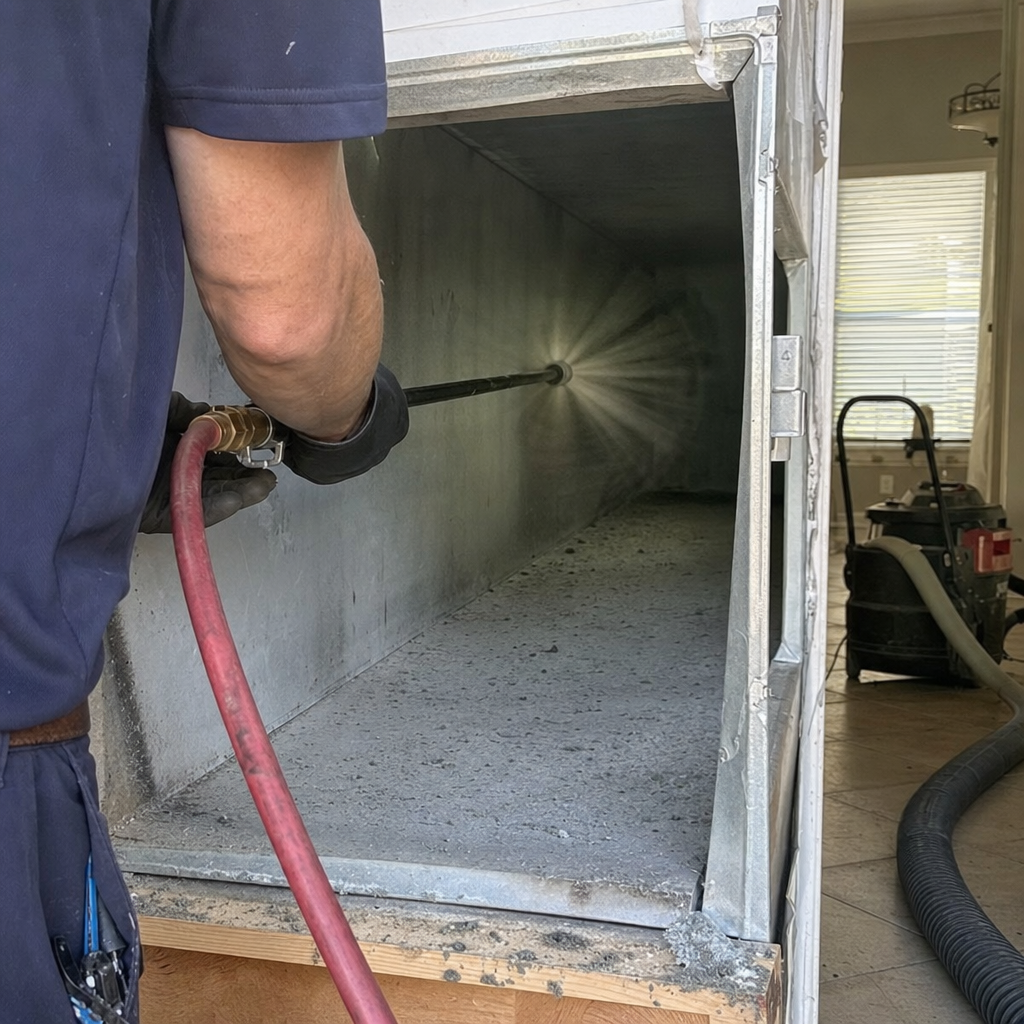 Technician performing professional residential air duct cleaning service