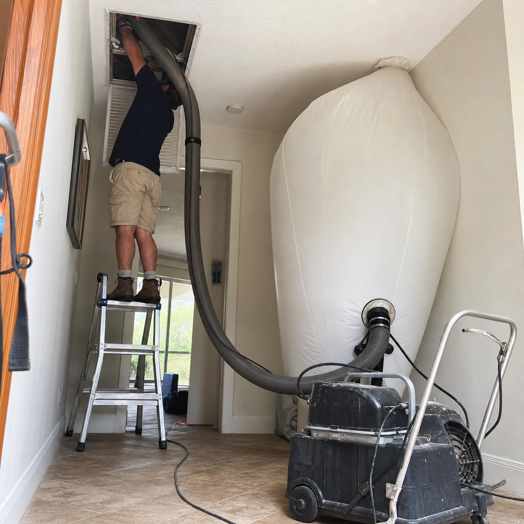Technician using industrial vacuum equipment for residential air duct cleaning