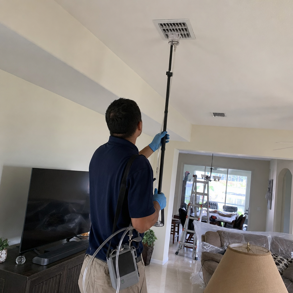 Technician performing professional HVAC air quality sanitization on ceiling vent in Fort Myers, FL