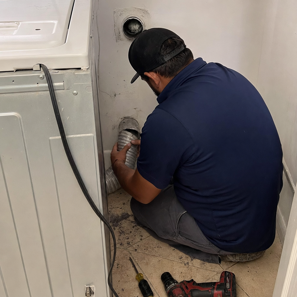 Technician performing professional dryer vent cleaning service behind a washing machine