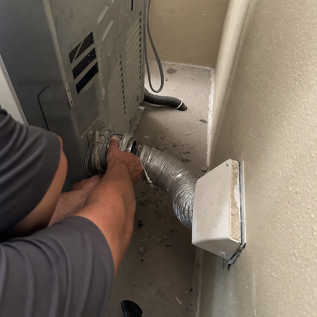 Technician attaching a flexible vent hose to a dryer during cleaning