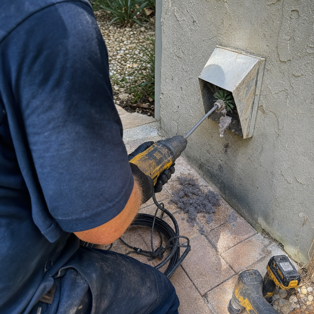 Technician using a rotating brush drill attachment for residential dryer vent cleaning