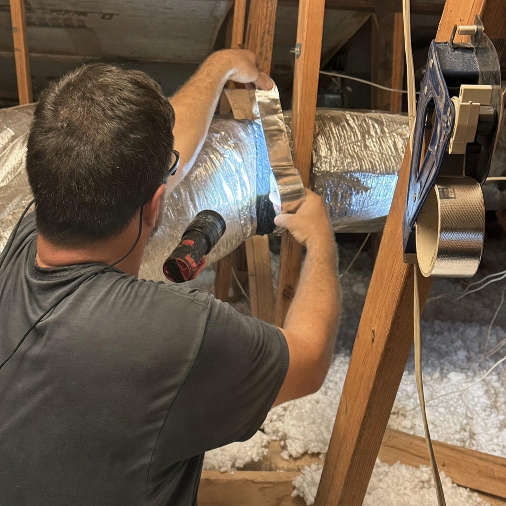 Technician performing professional duct repair and sealing on HVAC system in Fort Myers, FL