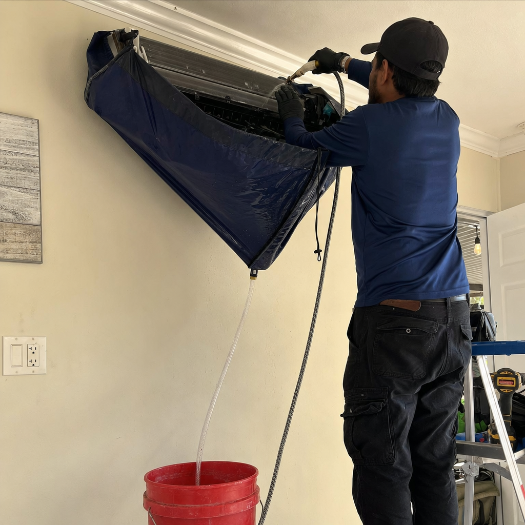 Technician performing professional mini-split air conditioner deep cleaning service