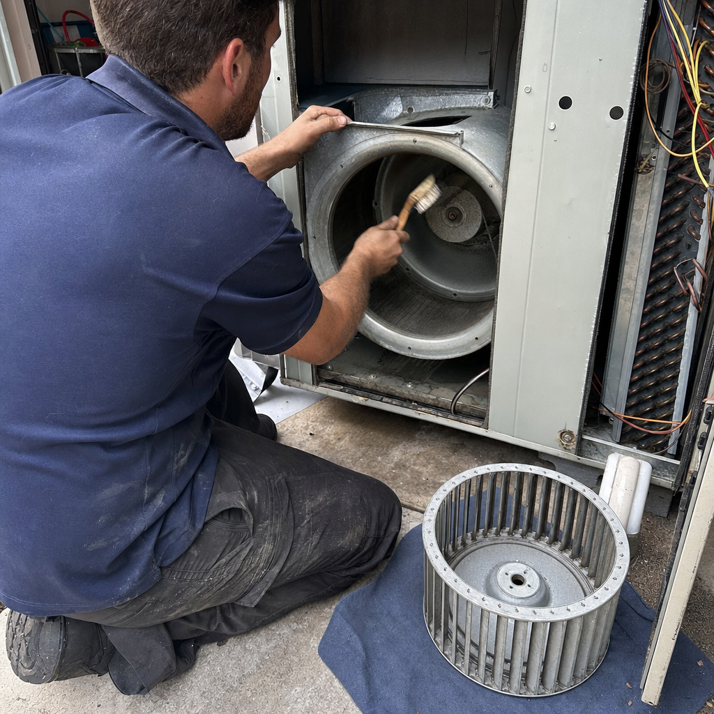 HVAC technician cleaning the inside of an air conditioning blower unit