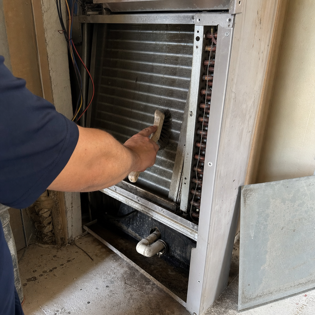 Technician using a brush to perform professional HVAC evaporator coil cleaning.